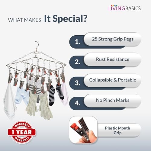 LIVINGBASICS Square Cloth Hanger/Clothes Stand for Drying/Clothes Drying Stand/Hanger with Clips/Baby Clothes Dryer/Undergarments Hanger/Stand for Drying Clothes (25 Clips, Stainless Steel) - Image 2