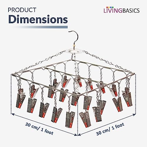 LIVINGBASICS Square Cloth Hanger/Clothes Stand for Drying/Clothes Drying Stand/Hanger with Clips/Baby Clothes Dryer/Undergarments Hanger/Stand for Drying Clothes (25 Clips, Stainless Steel) - Image 4