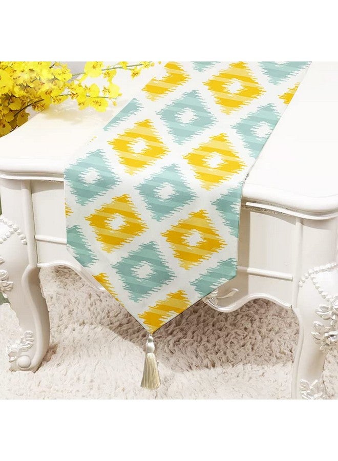 STITCHNEST Ikat Yellow & Teal Printed Poly Cotton Table Runner and Bed Runner ( 13 x 72 Inches with Tassel ) - Image 1