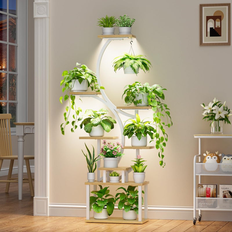 BACEKOLL Plant Stand Indoor with Grow Lights - 62" Tall Plant Shelf, Lighted Corner Plant Stands for Indoor Growing, 8 Tiered Large Flower Holder, S-Shaped Plants Rack for Living Room, Patent Design, Natural - Image 2