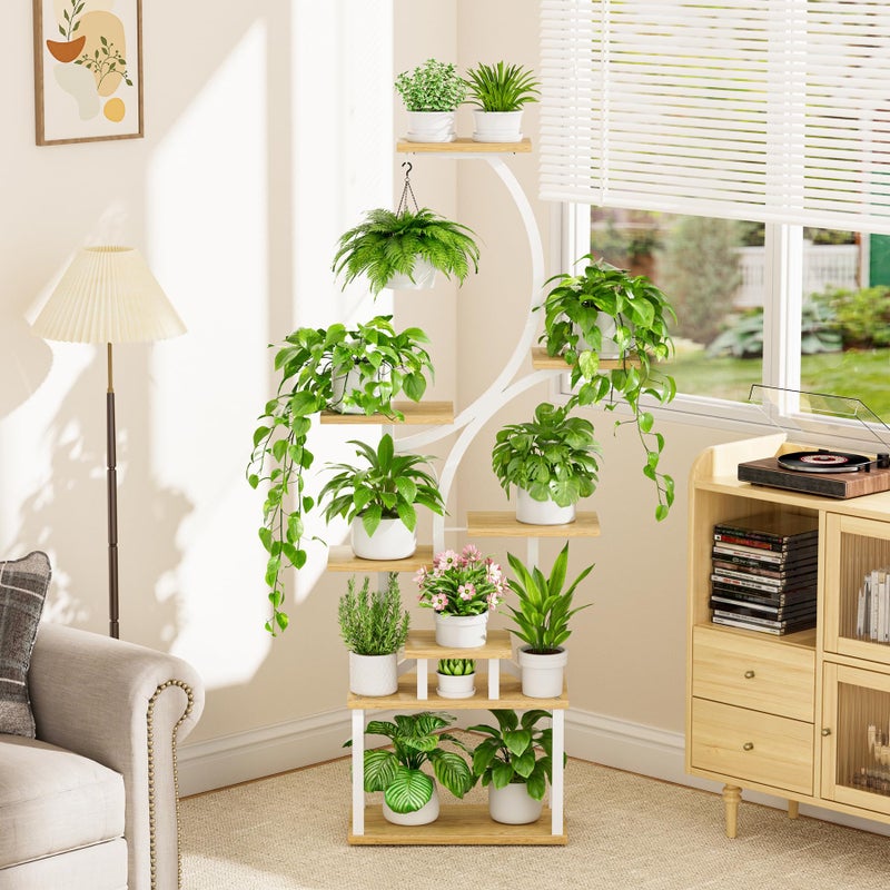 BACEKOLL Plant Stand Indoor with Grow Lights - 62" Tall Plant Shelf, Lighted Corner Plant Stands for Indoor Growing, 8 Tiered Large Flower Holder, S-Shaped Plants Rack for Living Room, Patent Design, Natural - Image 5