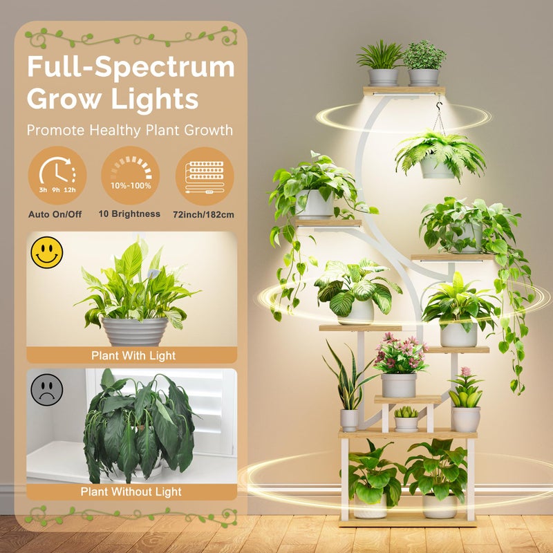 BACEKOLL Plant Stand Indoor with Grow Lights - 62" Tall Plant Shelf, Lighted Corner Plant Stands for Indoor Growing, 8 Tiered Large Flower Holder, S-Shaped Plants Rack for Living Room, Patent Design, Natural - Image 3