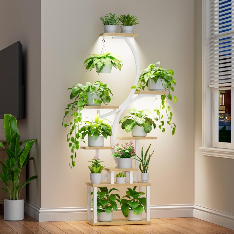 BACEKOLL Plant Stand Indoor with Grow Lights - 62" Tall Plant Shelf, Lighted Corner Plant Stands for Indoor Growing, 8 Tiered Large Flower Holder, S-Shaped Plants Rack for Living Room, Patent Design, Natural - Image 1