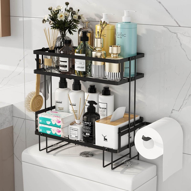 Godboat Bathroom Organizers, 2-Tier Over Toilet Storage, Floating Shelves with 2 Hooks & Paper Holder, Wall Mounted Shelf Furniture, Cool Accessories & Decor, Gifts for Women, Mothers Day (Black) - Image 1