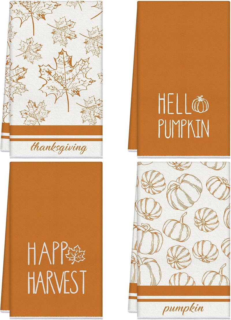 Macarrie منشفة مطبخ شكرًا 4 قطع - مناشف يد خريفية مرحبًا يا قرع - مناشف شاي بأوراق القيقب - زينة حصاد سعيدة لمنزل المزرعة - هدية تدفئة منزلية 18 × 26 بوصة - Image 1