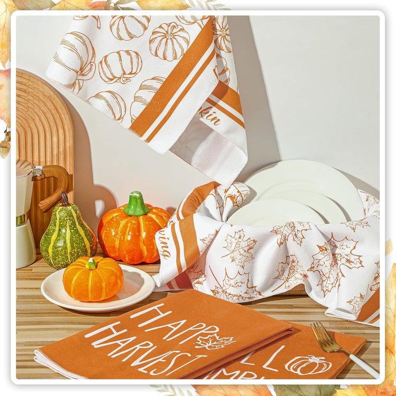 Macarrie منشفة مطبخ شكرًا 4 قطع - مناشف يد خريفية مرحبًا يا قرع - مناشف شاي بأوراق القيقب - زينة حصاد سعيدة لمنزل المزرعة - هدية تدفئة منزلية 18 × 26 بوصة - Image 4