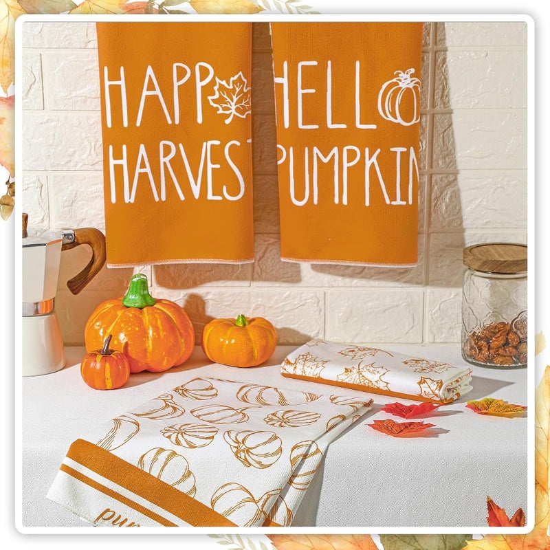 Macarrie منشفة مطبخ شكرًا 4 قطع - مناشف يد خريفية مرحبًا يا قرع - مناشف شاي بأوراق القيقب - زينة حصاد سعيدة لمنزل المزرعة - هدية تدفئة منزلية 18 × 26 بوصة - Image 3
