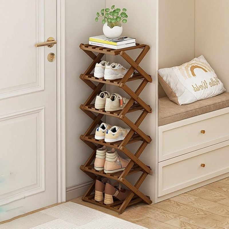 kiss me Bamboo Folding Shoe RackVertical Narrow Shoe RackSmall Shoe RacksWithout InstallationShoe Racks StorageWooden Narrow Tall rack Indoor for Hallway Entryway Brown 6 Tier