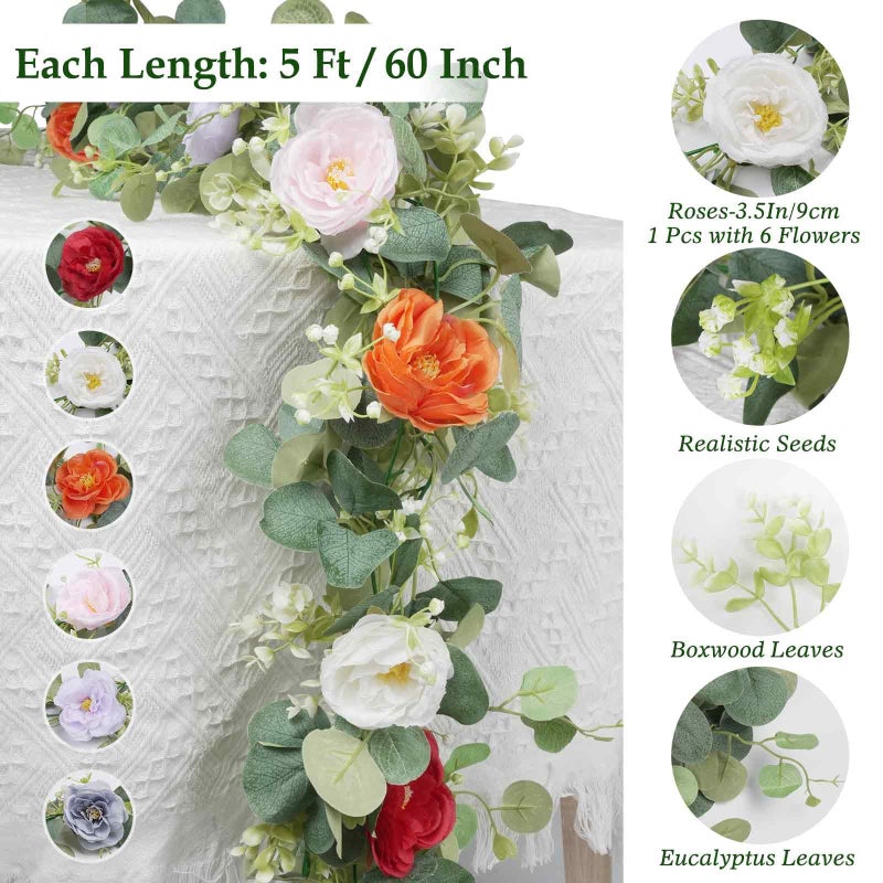 JDKPK 2Pcs(10FT) Artificial Eucalyptus Garlands with Rose Flowers, Faux Floral Greenery Garland Fake Flower Vines for Valentine's Day Wedding Table Arch Party Anniversary Backdrop Decor (Colorful) - Image 5