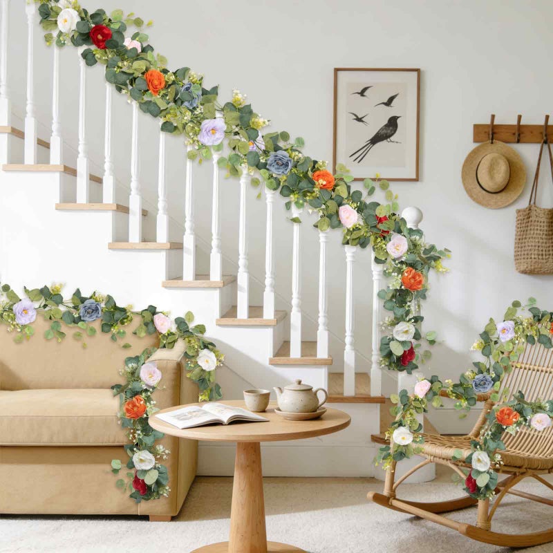 JDKPK 2Pcs(10FT) Artificial Eucalyptus Garlands with Rose Flowers, Faux Floral Greenery Garland Fake Flower Vines for Valentine's Day Wedding Table Arch Party Anniversary Backdrop Decor (Colorful) - Image 3