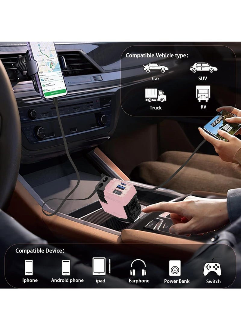 Car Charger - Fast Charging 4-in-1 Adapter with Collapsible Lightning & Type C Cables, Dual USB Ports & Voltage Display - Compatible with iPhone, iPad, Galaxy -Powerfull Output