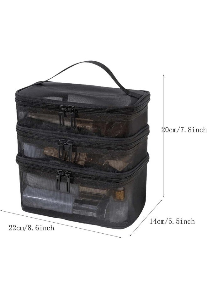 MTRoyaldia 3 Layer Makeup Pouch Bag,Travel Makeup Organizer Portable Toiletry Case Bag Pouch, Large Mesh Toiletries Double Layer Nylon Brush Zip-up Tool with Handle (Black) - Image 5
