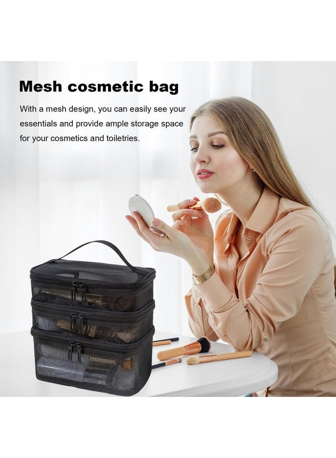 MTRoyaldia 3 Layer Makeup Pouch Bag,Travel Makeup Organizer Portable Toiletry Case Bag Pouch, Large Mesh Toiletries Double Layer Nylon Brush Zip-up Tool with Handle (Black) - Image 4