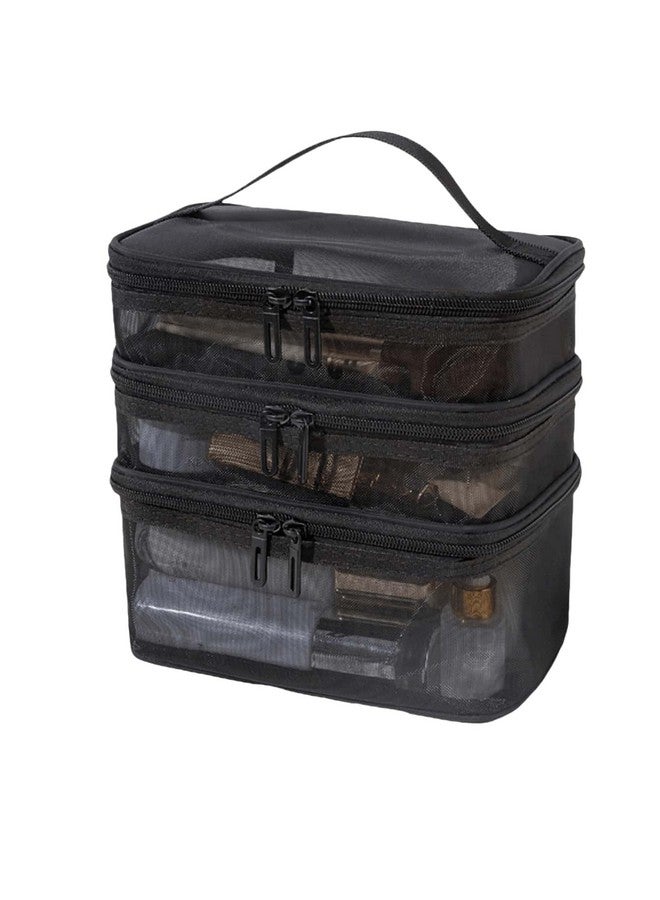 MTRoyaldia 3 Layer Makeup Pouch Bag,Travel Makeup Organizer Portable Toiletry Case Bag Pouch, Large Mesh Toiletries Double Layer Nylon Brush Zip-up Tool with Handle (Black) - Image 1