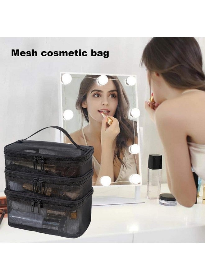 MTRoyaldia 3 Layer Makeup Pouch Bag,Travel Makeup Organizer Portable Toiletry Case Bag Pouch, Large Mesh Toiletries Double Layer Nylon Brush Zip-up Tool with Handle (Black) - Image 3