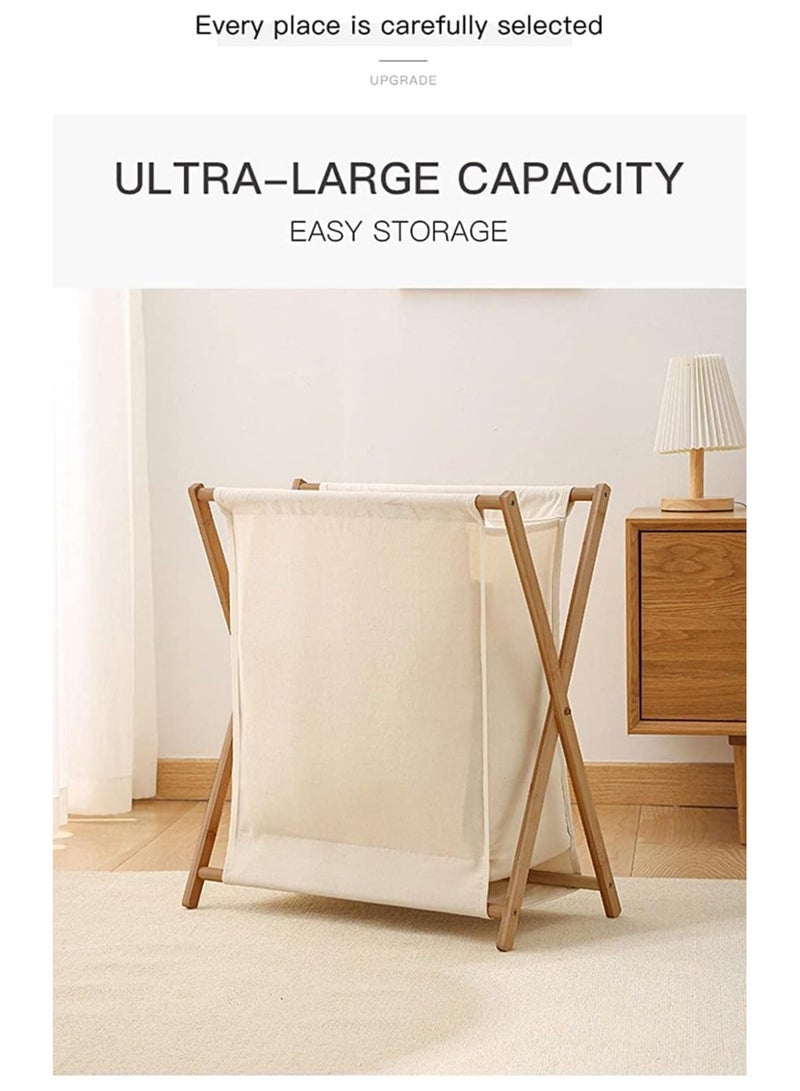 Bamboo Laundry Hamper Sorter Cart, Portable and Collapsible Folding Clothes Laundry Basket Storage with Removable Liner Bag, X Frame Bamboo Laundry Organizer Cabinet for Bathroom (White) - Image 3