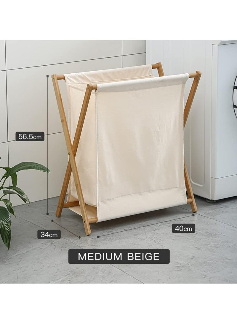 Bamboo Laundry Hamper Sorter Cart, Portable and Collapsible Folding Clothes Laundry Basket Storage with Removable Liner Bag, X Frame Bamboo Laundry Organizer Cabinet for Bathroom (White) - Image 2