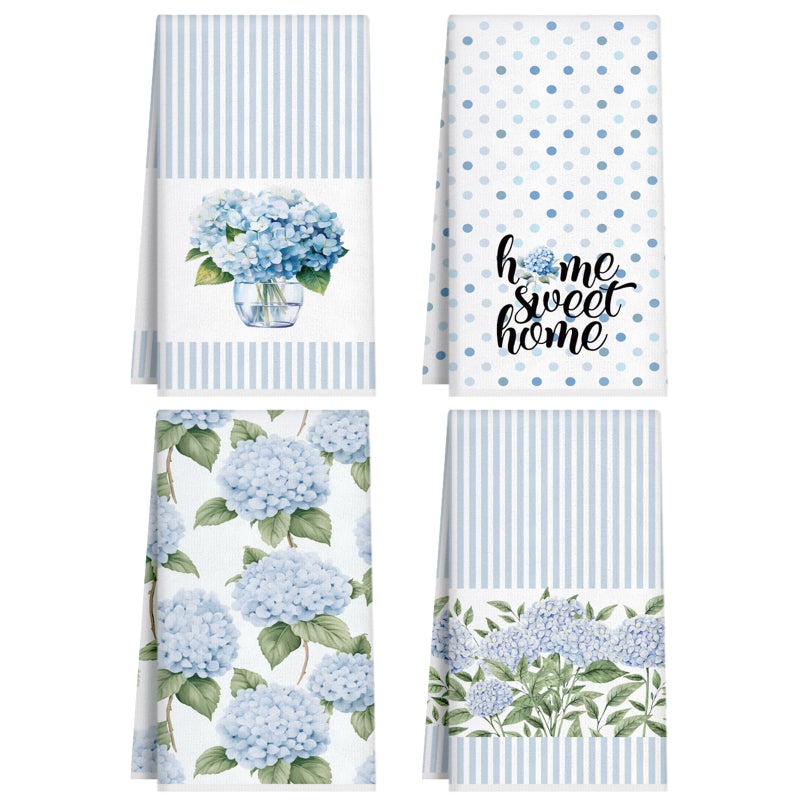 FuWeave 4 Pack Blue Hydrangea Kitchen Hand Towels Farmhouse Blue Hydrangea Decor, 18x26 Inch Summer Flowers Decorative Spring Floral Tea Dish Towels for Kitchen Bathroom - Image 1