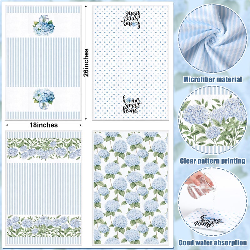 FuWeave 4 Pack Blue Hydrangea Kitchen Hand Towels Farmhouse Blue Hydrangea Decor, 18x26 Inch Summer Flowers Decorative Spring Floral Tea Dish Towels for Kitchen Bathroom - Image 2
