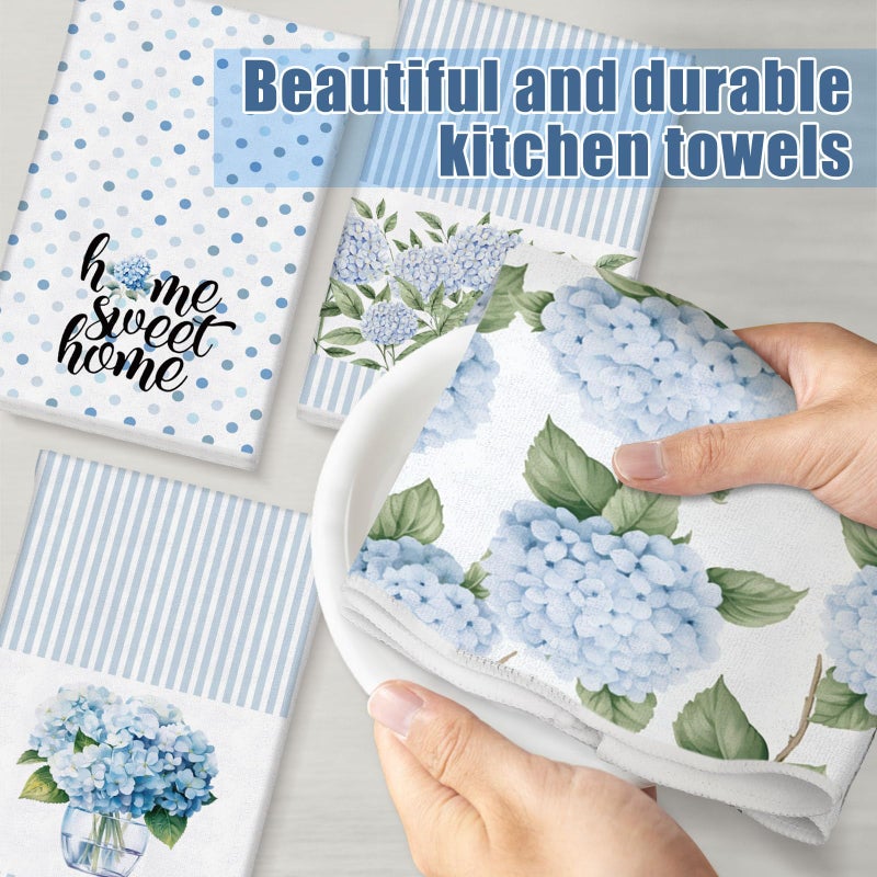 FuWeave 4 Pack Blue Hydrangea Kitchen Hand Towels Farmhouse Blue Hydrangea Decor, 18x26 Inch Summer Flowers Decorative Spring Floral Tea Dish Towels for Kitchen Bathroom - Image 4