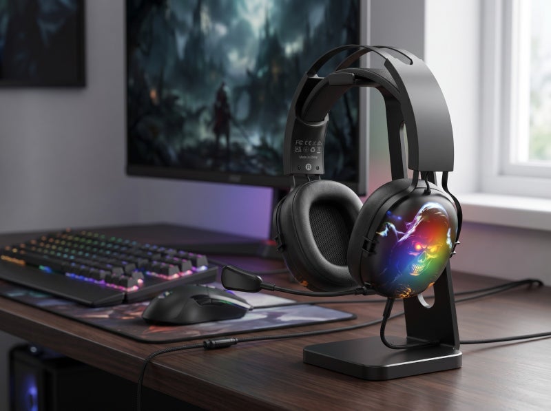 سماعة رأس للألعاب CM7001 باللون الأسود مع إضاءة RGB مذهلة وميكروفون قابل للطي، مثالية للاعبين والبث المباشر - Image 2