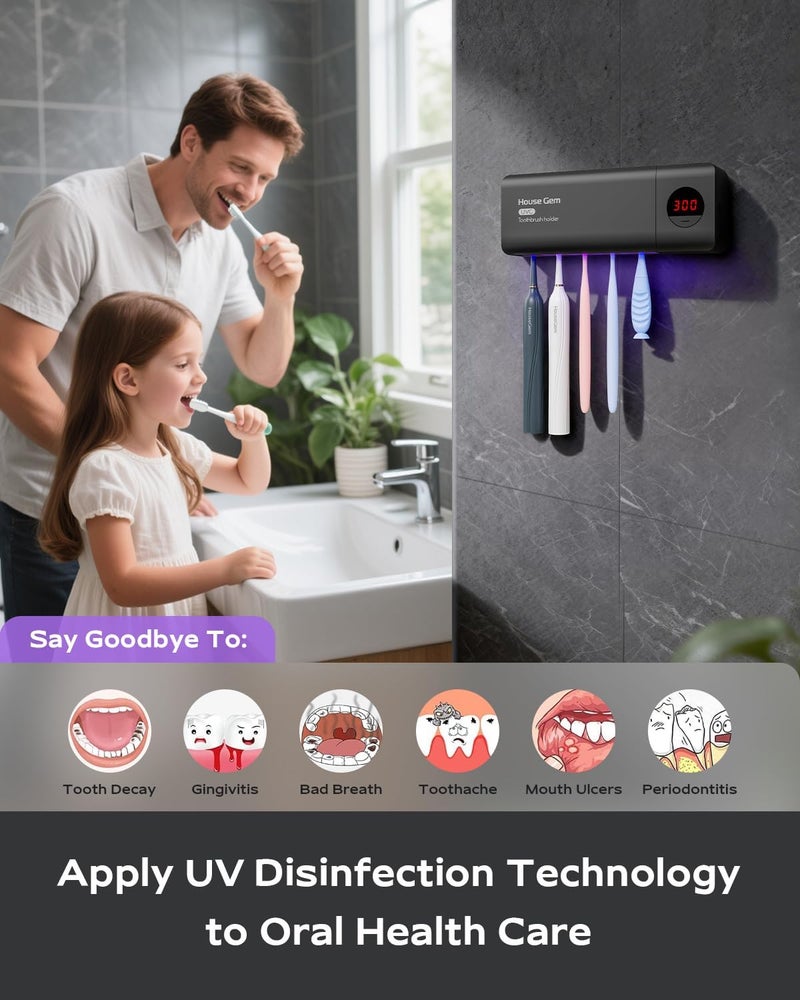House Gem HouseGem Toothbrush Holder, Timer Function, 2000mAh Rechargeable Cordless Wall-Mounted Bathroom (Black) - Image 3
