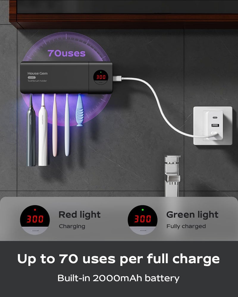 House Gem HouseGem Toothbrush Holder, Timer Function, 2000mAh Rechargeable Cordless Wall-Mounted Bathroom (Black) - Image 4