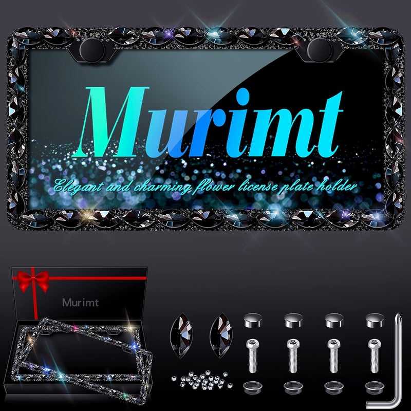 Murimt 2pcs Gem Bling License Plate Frames with Gift Box - Rhinestone Sparkly Diamond Holder for Women (Black) - Image 1