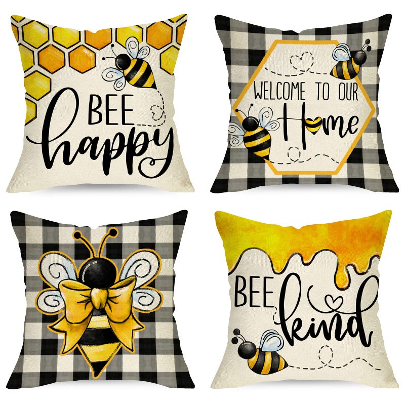 Ussap Summer Bumble Bee Happy Bee Kind Decorative Throw Pillow Covers 18 x 18 Set of 4 Spring Black White Buffalo Plaid Honey Cushion Case Decor Welcome to Our Home Farmhouse Decoration