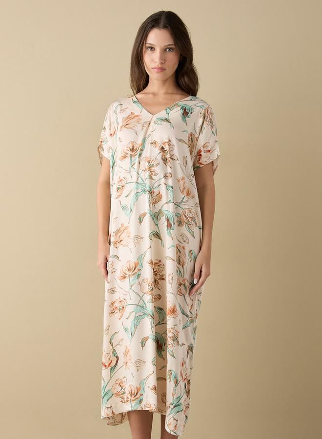Splash FAV All-Over Floral Print Kaftan Viscose Night Gown with V-neck and Slit Detail - Image 1