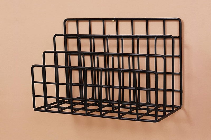 INDIAN ARTISANS � Metal Iron 3 Slot Line Wall Multipurpose Folding Newspaper Holder Bin for Magazines, Paper, Records, Artwork Hanging Storage Basket Rack Decor- 1pc (Black) - Image 1