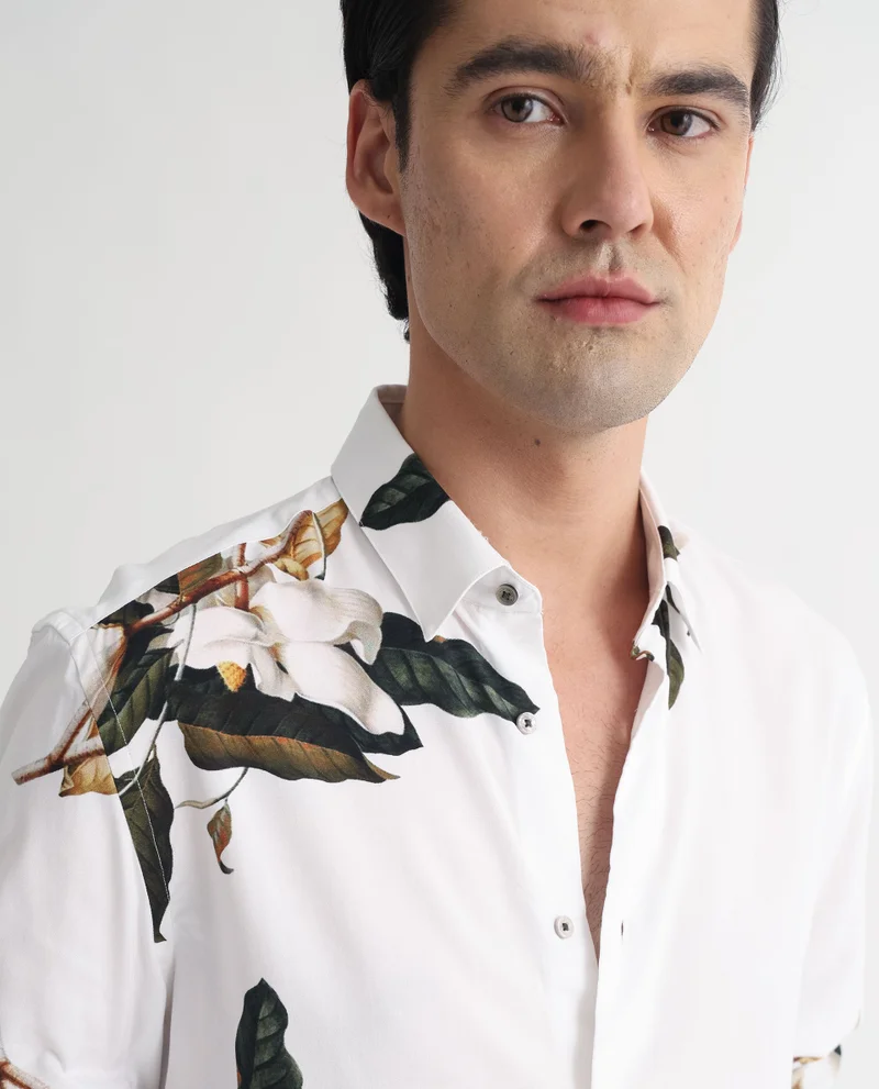 Rare Rabbit Rare Rabbit Men's Poseidon White Viscose Fabric Floral Print Full Sleeves Shirt