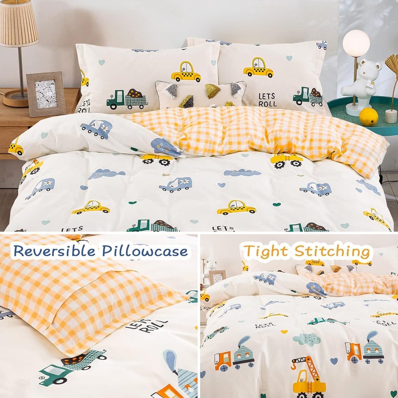 DJY Kids Duvet Cover Set Twin, Cotton Cartoon Car Truck Bedding Set for Boys Girls, 2 Pieces Soft Breathable White Yellow Plaid Reversible Comforter Cover Set (1 Duvet Cover+1 Pillowcase) - Image 5