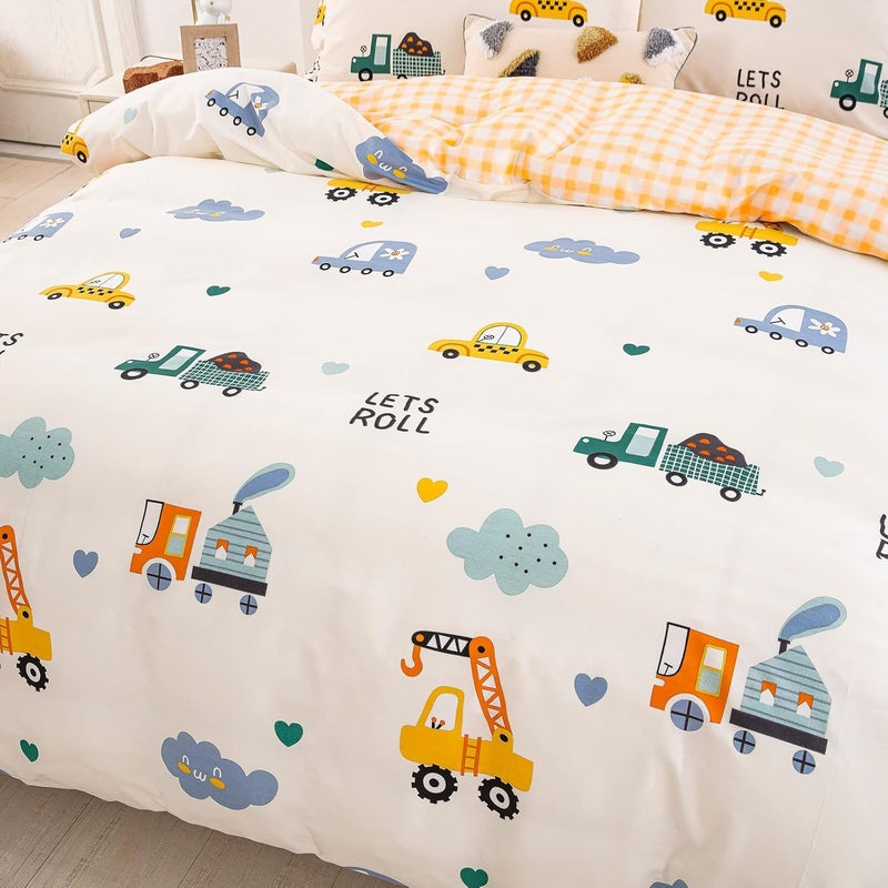 DJY Kids Duvet Cover Set Twin, Cotton Cartoon Car Truck Bedding Set for Boys Girls, 2 Pieces Soft Breathable White Yellow Plaid Reversible Comforter Cover Set (1 Duvet Cover+1 Pillowcase) - Image 3