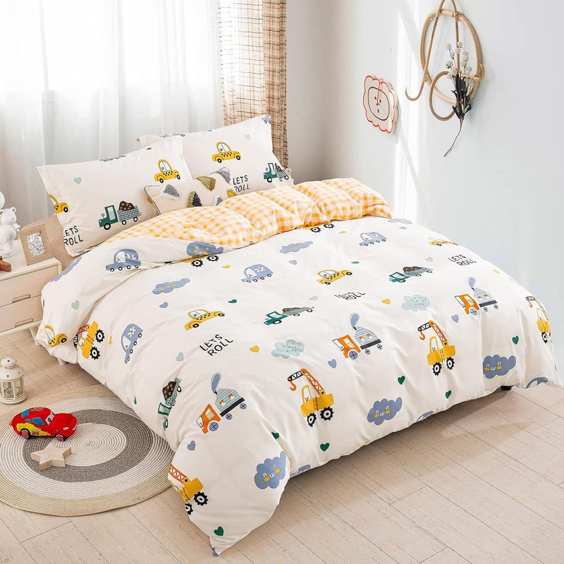 DJY Kids Duvet Cover Set Twin, Cotton Cartoon Car Truck Bedding Set for Boys Girls, 2 Pieces Soft Breathable White Yellow Plaid Reversible Comforter Cover Set (1 Duvet Cover+1 Pillowcase) - Image 2