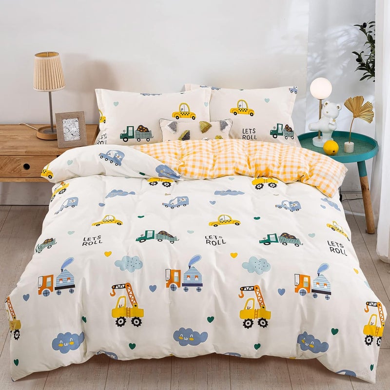 DJY Kids Duvet Cover Set Twin, Cotton Cartoon Car Truck Bedding Set for Boys Girls, 2 Pieces Soft Breathable White Yellow Plaid Reversible Comforter Cover Set (1 Duvet Cover+1 Pillowcase) - Image 1