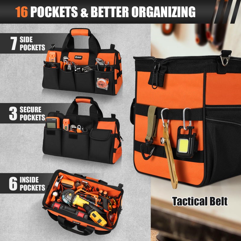 UUP Heavy Duty Tool Bag 18-Inch, 16-Pocket Portable Soft Tool Box Organizer Storage, Handle Tactical Carry Tote Empty Toolbox with Large Zipper, Father Day Dad Men Gift for Mechanic Engineer, Orange - Image 3