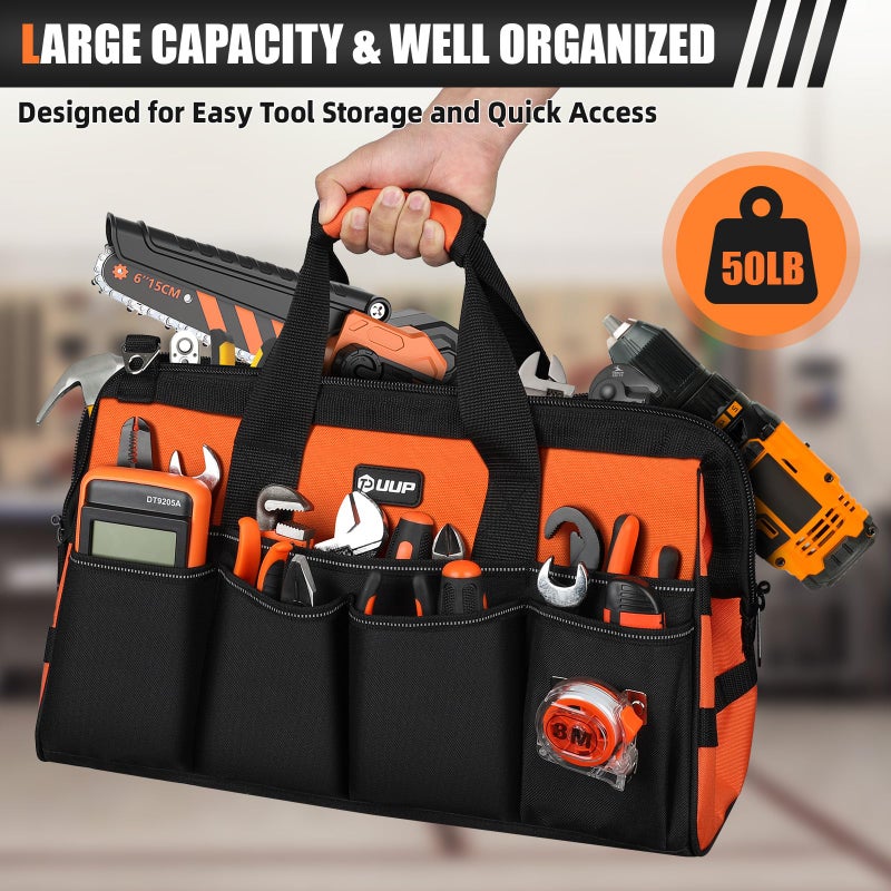 UUP Heavy Duty Tool Bag 18-Inch, 16-Pocket Portable Soft Tool Box Organizer Storage, Handle Tactical Carry Tote Empty Toolbox with Large Zipper, Father Day Dad Men Gift for Mechanic Engineer, Orange - Image 4