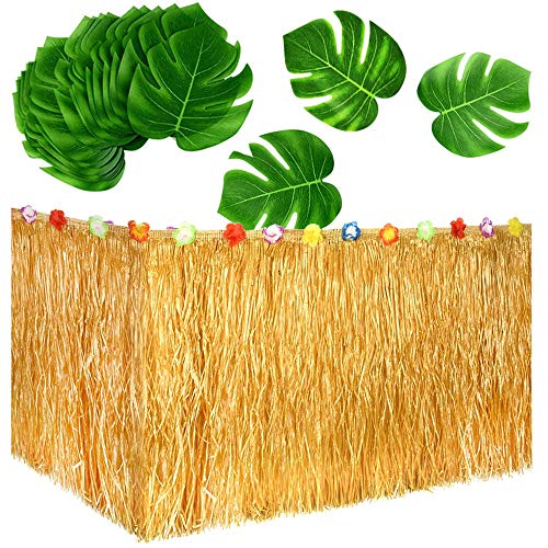 Jackcell Luau Grass Table Skirt 9ft for Hawaiian Party, Moana Theme Tropical Birthday Party Babyshower Decorations Supplies,Drop Artificial Table Skirt with 12 pcs Palm Leaves (Grass Yellow) - Image 1