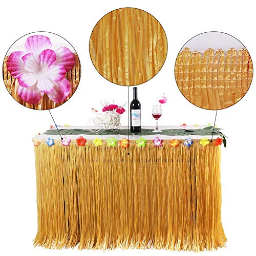 Jackcell Luau Grass Table Skirt 9ft for Hawaiian Party, Moana Theme Tropical Birthday Party Babyshower Decorations Supplies,Drop Artificial Table Skirt with 12 pcs Palm Leaves (Grass Yellow) - Image 2