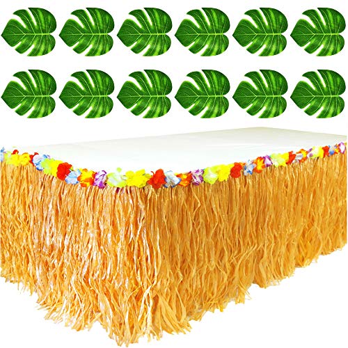 Jackcell Luau Grass Table Skirt 9ft for Hawaiian Party, Moana Theme Tropical Birthday Party Babyshower Decorations Supplies,Drop Artificial Table Skirt with 12 pcs Palm Leaves (Grass Yellow) - Image 3