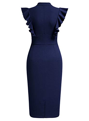 Knitee Women's Vintage Ruffle Sleeve V-Neck Bodycon Evening Party Cocktail Pencil Sheath Dress (A-Navy Blue, Small) - Image 4