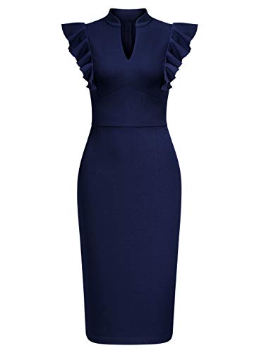 Knitee Women's Vintage Ruffle Sleeve V-Neck Bodycon Evening Party Cocktail Pencil Sheath Dress (A-Navy Blue, Small) - Image 3