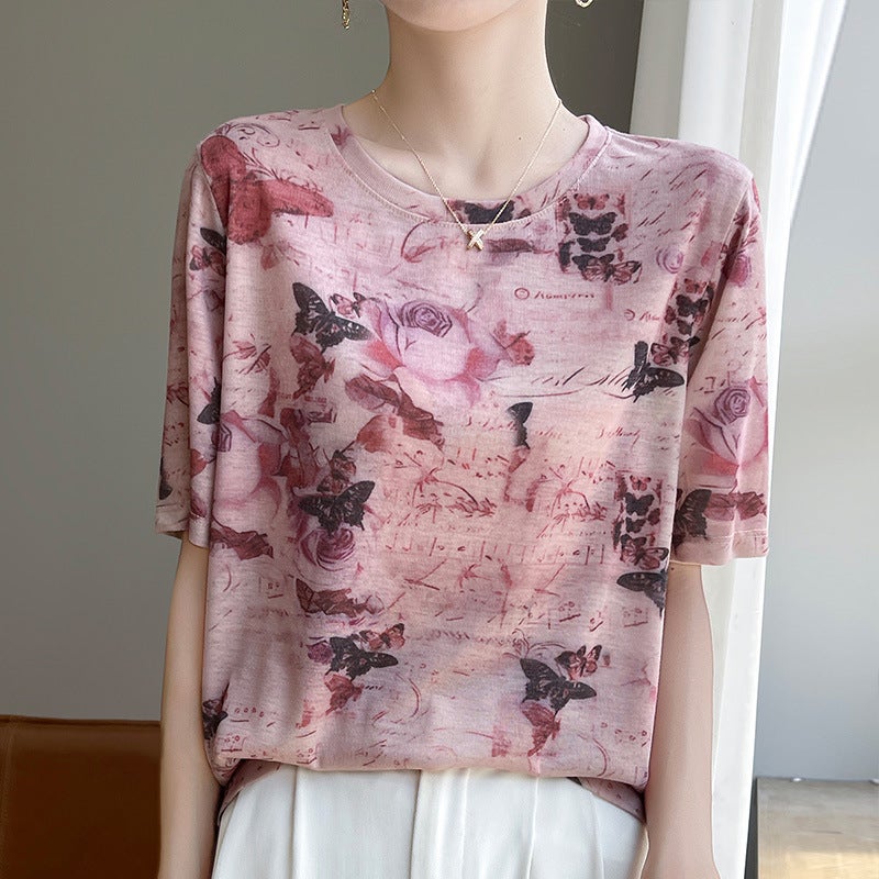 French Tie-Dye Oil Painting Short-Sleeved Shoulder Crewneck Lyocell Thin Top All-Match Loose Butterfly T-Shirt - Image 1