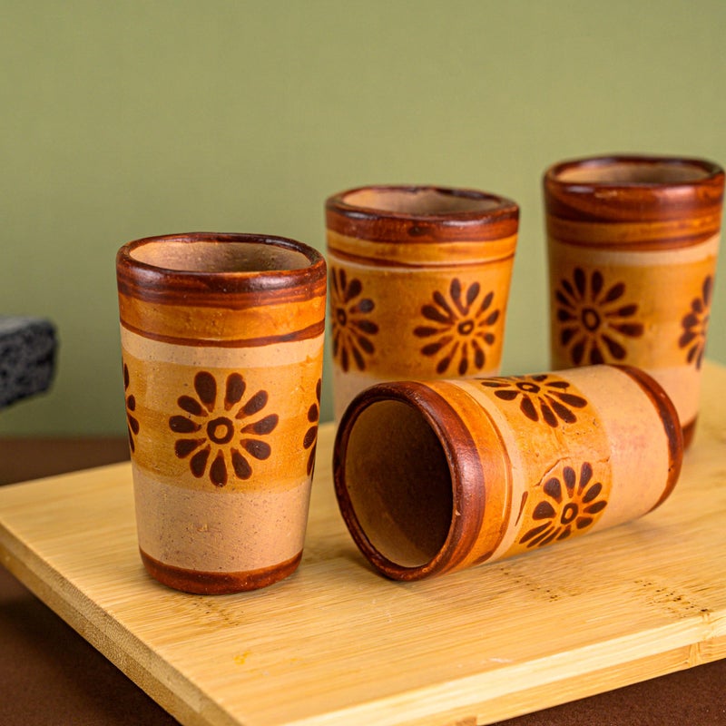 MEXTEQUIL MEXTEQUIL - Tequila Shot Glasses - Set of 4 Terracotta Mexican Shot Glasses - 2 Oz - Natural Clay - Barro Canelo (Flower)  - Image 2