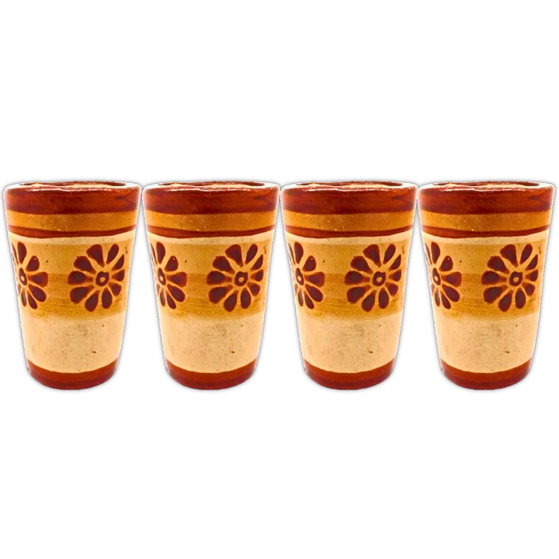 MEXTEQUIL MEXTEQUIL - Tequila Shot Glasses - Set of 4 Terracotta Mexican Shot Glasses - 2 Oz - Natural Clay - Barro Canelo (Flower)  - Image 1
