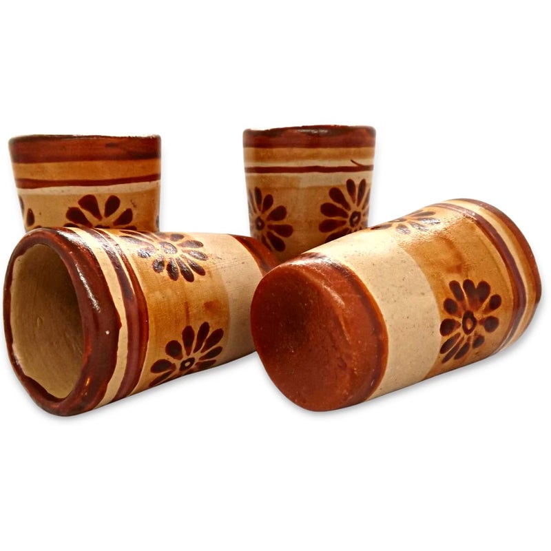 MEXTEQUIL MEXTEQUIL - Tequila Shot Glasses - Set of 4 Terracotta Mexican Shot Glasses - 2 Oz - Natural Clay - Barro Canelo (Flower)  - Image 5