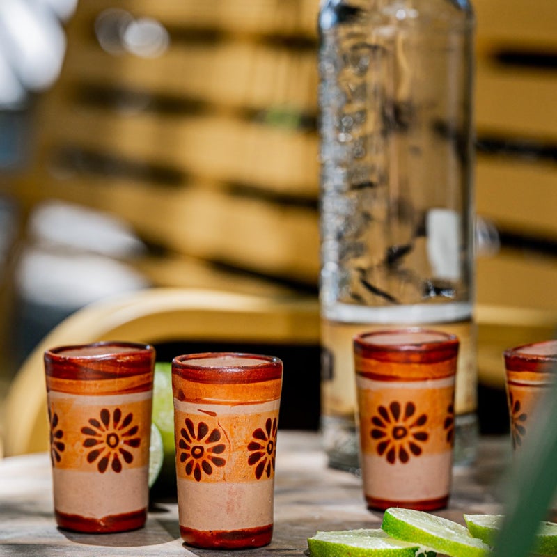MEXTEQUIL MEXTEQUIL - Tequila Shot Glasses - Set of 4 Terracotta Mexican Shot Glasses - 2 Oz - Natural Clay - Barro Canelo (Flower)  - Image 4