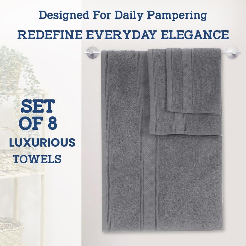 Casa Lino 8 Pc Premium Towel Set  Cotton Towels Set  400 GSM 2 Bath Towel  2 Hand Towel  & 4 Washcloths  Bathroom Set  Head Towels Wrap for Ladies  Gym Towel for Men Workout Charcoal - Image 2
