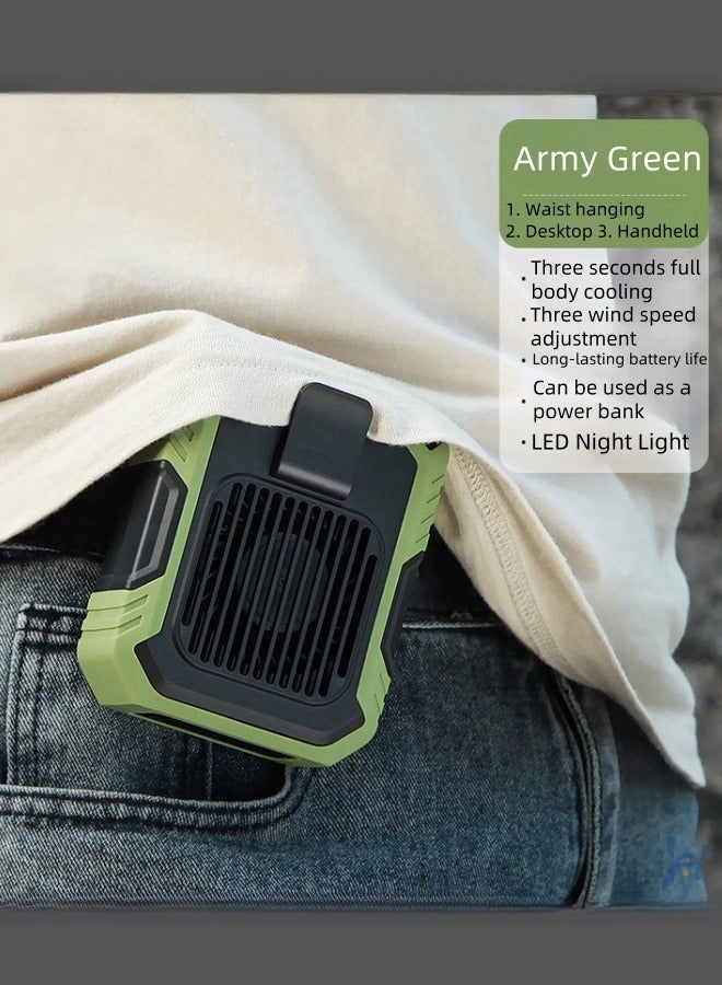 FAMILY مروحة معلقة على الخصر مع ضوء وشحن USB من Treasure Summer Outdoor Strong Wind Waist Clip Portable Fan - أخضر وأسود - Image 1